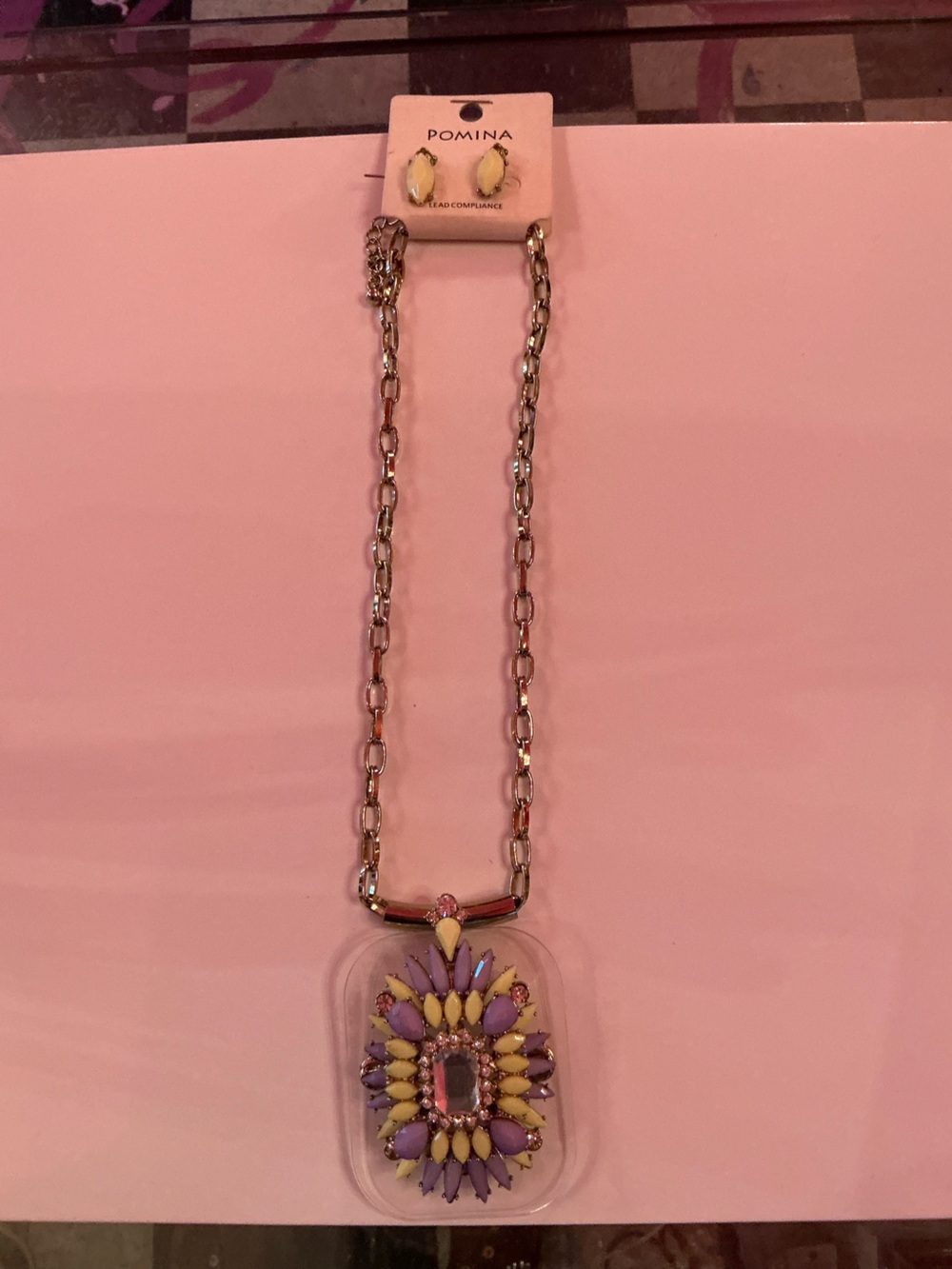 Pomina Gold Chain Necklace with Pink, Purple & Yellow Pendant